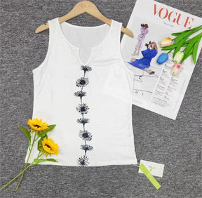 SpringStil® - White Daisy Sleeveless Tank Top with Notched Neck