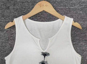 SpringStil® - White Daisy Sleeveless Tank Top with Notched Neck