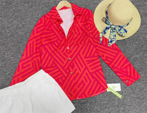 FallStil® - Pink and orange blouse with zigzag stripes and button placket