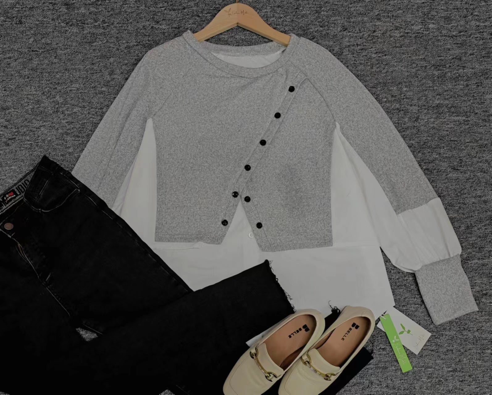 SpringStil® - Grey Knitted Blouse White Twofer Sweater