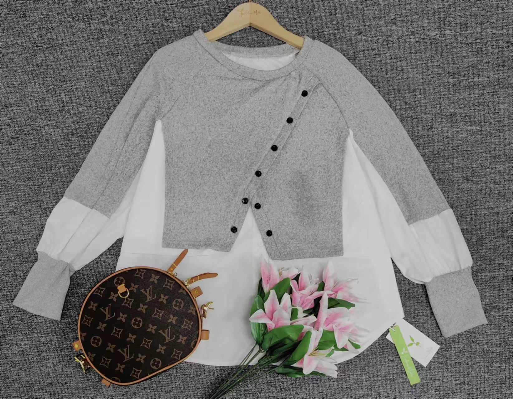 SpringStil® - Grey Knitted Blouse White Twofer Sweater