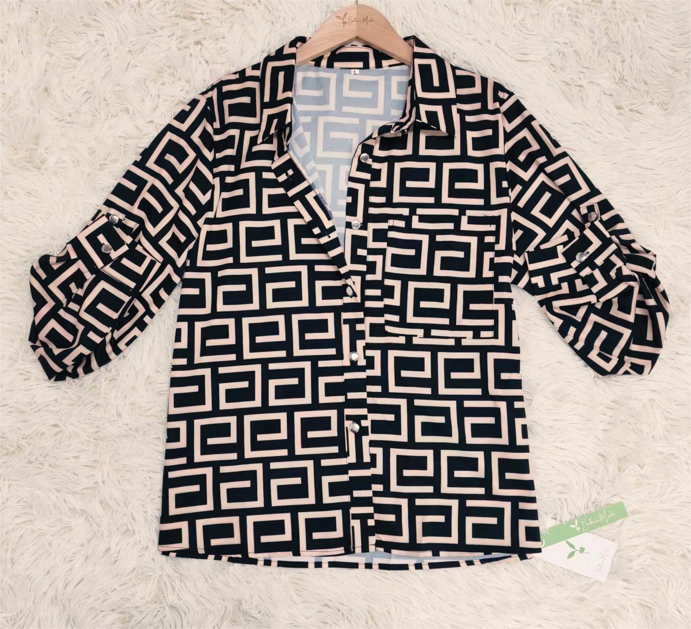 SpringStil® - Greek Key Black &amp; Tan Long Sleeve Blouse Top