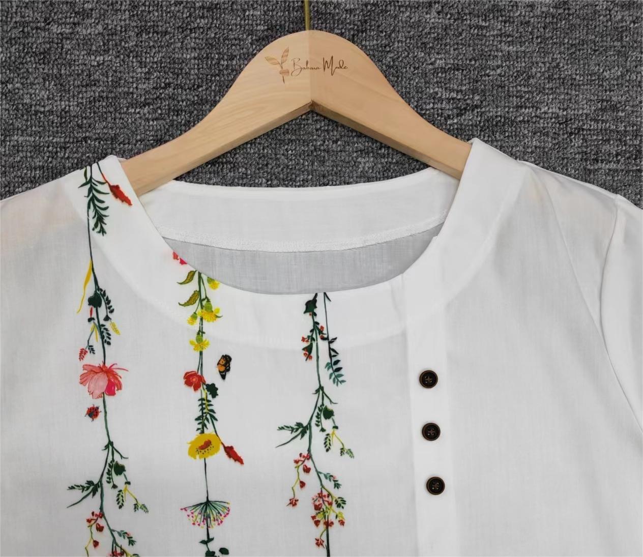 FallStil® - White Floral Vine Short Sleeve Round Neck Top