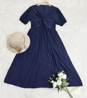 SpringStil® - Navy blue solid midi dress with short sleeves