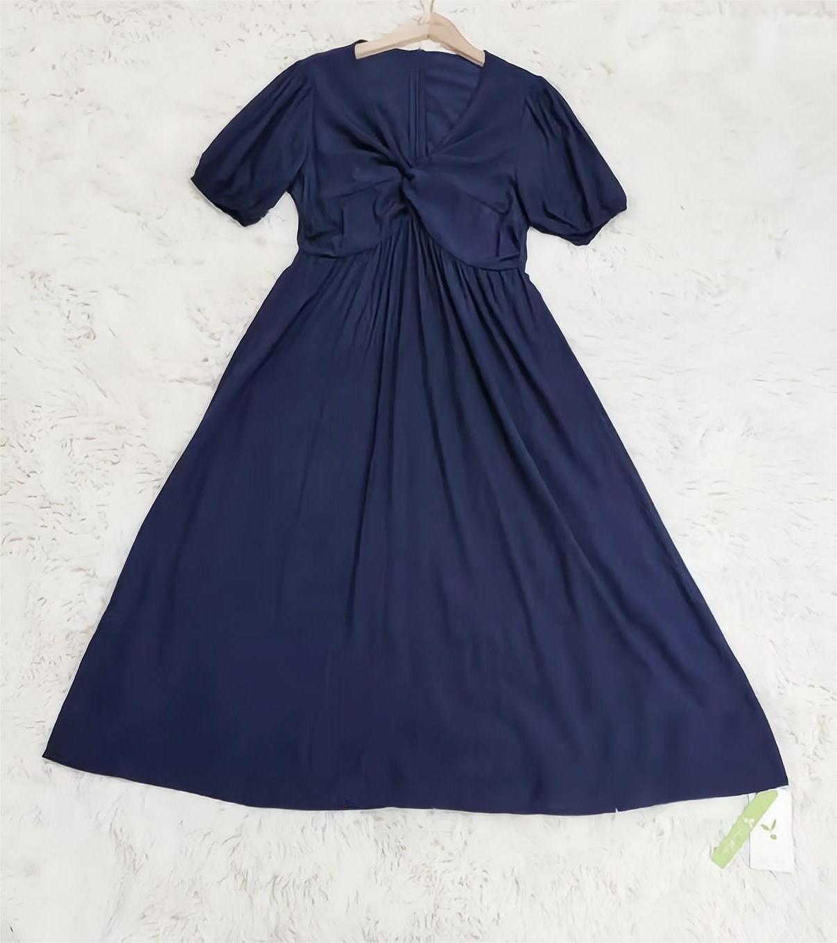 SpringStil® - Navy blue solid midi dress with short sleeves