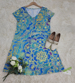 SpringStil® - Ocean blue knee-length mini dress with mandala print and short sleeves