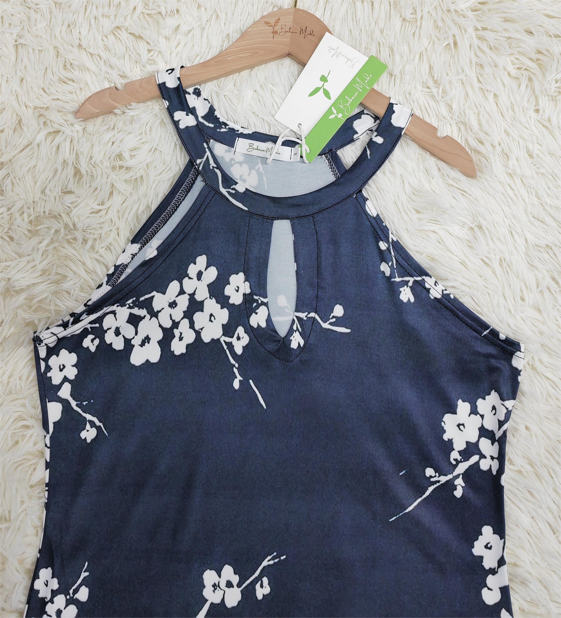 PureWear® - White Cherry Blossom Navy Keyhole Halter Mini Dress