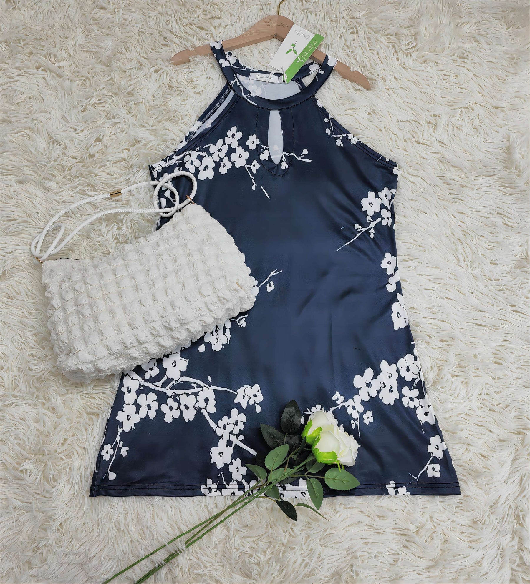 PureWear® - White Cherry Blossom Navy Keyhole Halter Mini Dress