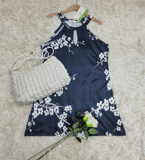 PureWear® - White Cherry Blossom Navy Keyhole Halter Mini Dress