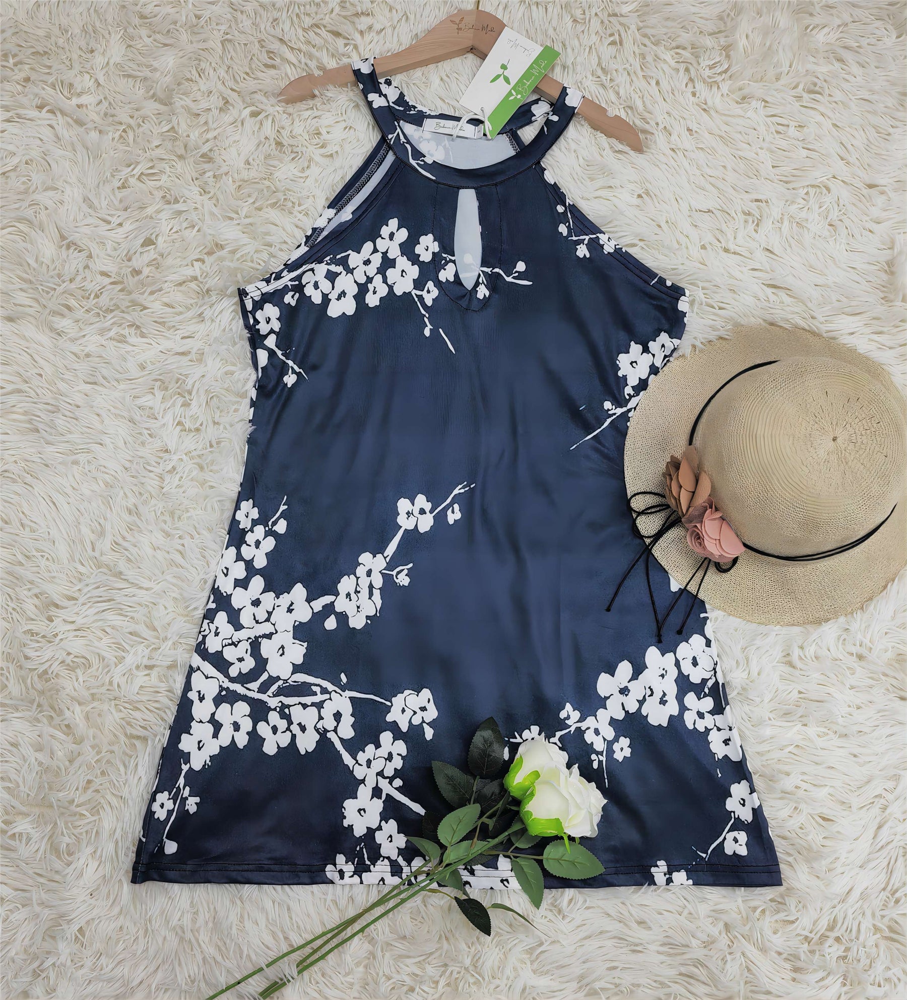 PureWear® - White Cherry Blossom Navy Keyhole Halter Mini Dress