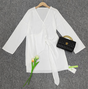 PureWear® - White Long Sleeve Tie Side Wrap Summer Mini Dress