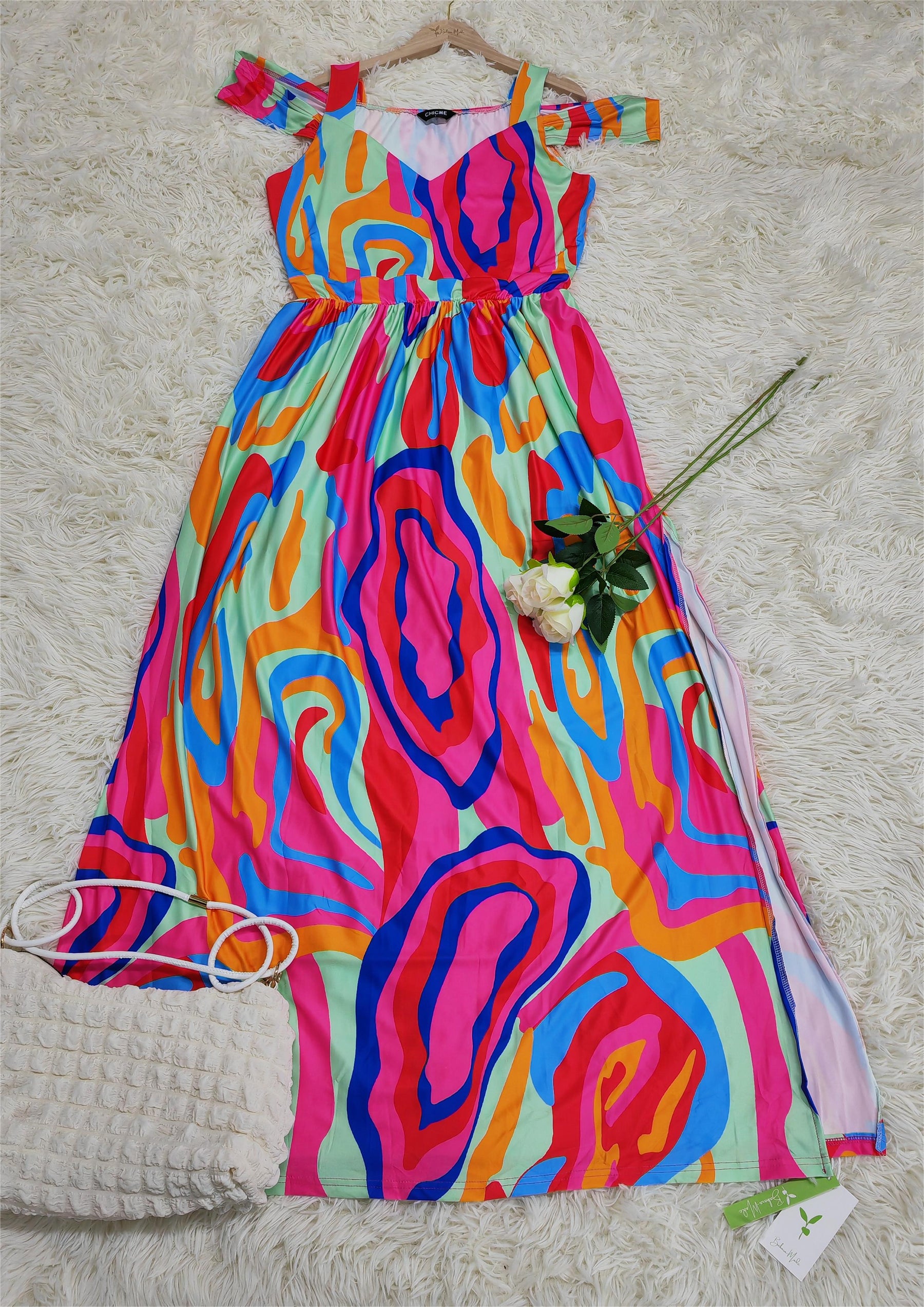 SpringStil® - Colorful Swirl Cold Shoulder Dress with High Slit Maxi Dress