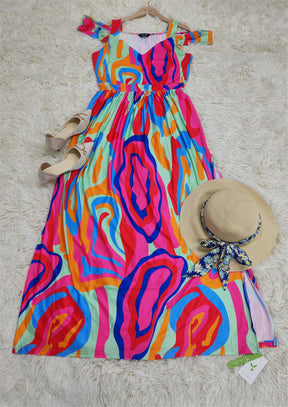 SpringStil® - Colorful Swirl Cold Shoulder Dress with High Slit Maxi Dress