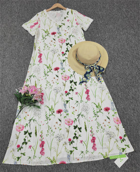 SpringStil® - Garden Print V-neck White Maxi Summer Dress