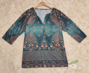 Even&amp;Vil® - Emerald Sage Green Luxe Print Tunic Blouse Top