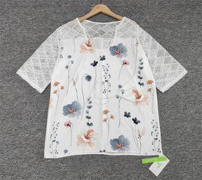 SpringStil® - Geo Lace Mesh Floral Print White ¾ Sleeve Top