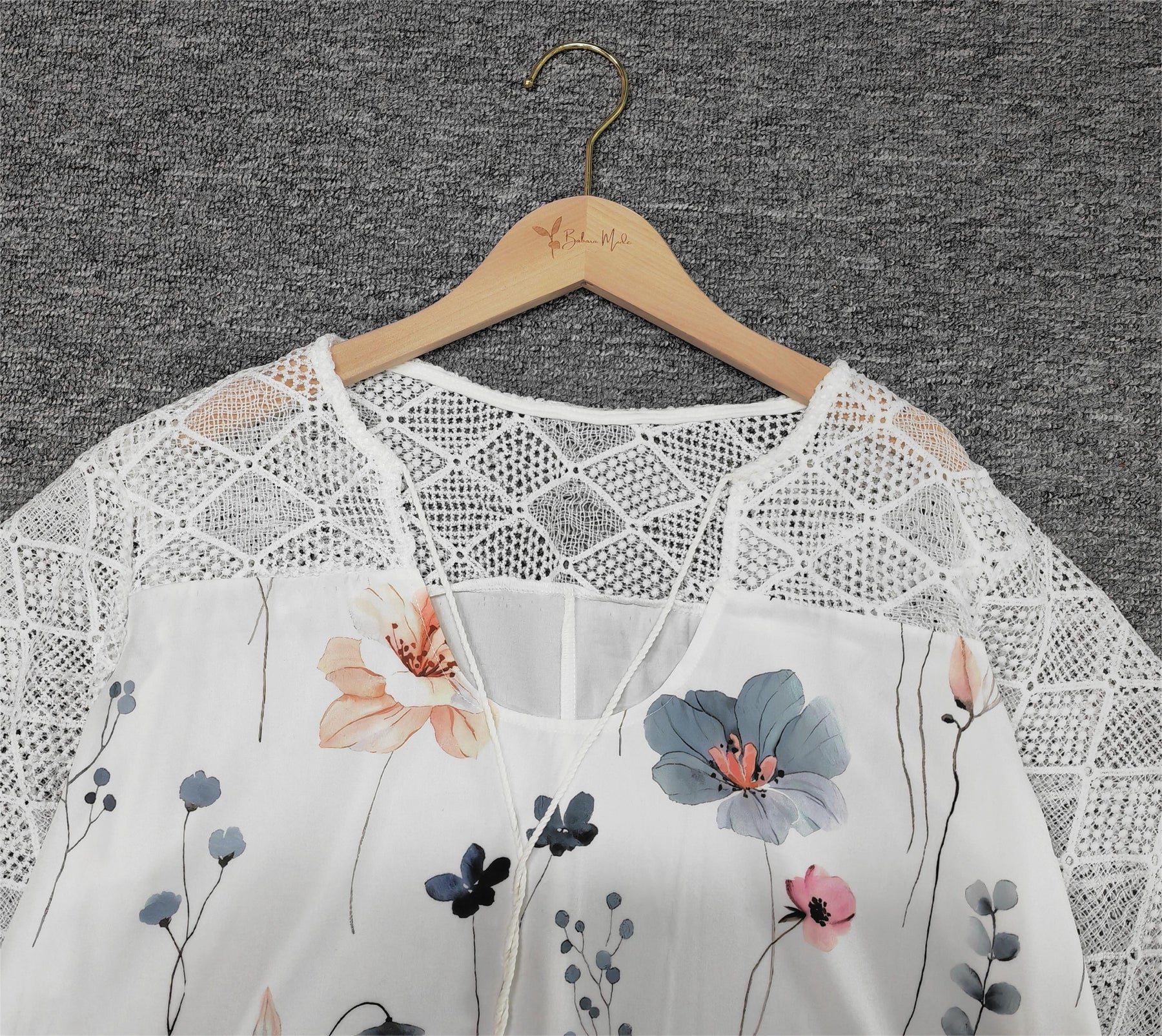 SpringStil® - Geo Lace Mesh Floral Print White ¾ Sleeve Top