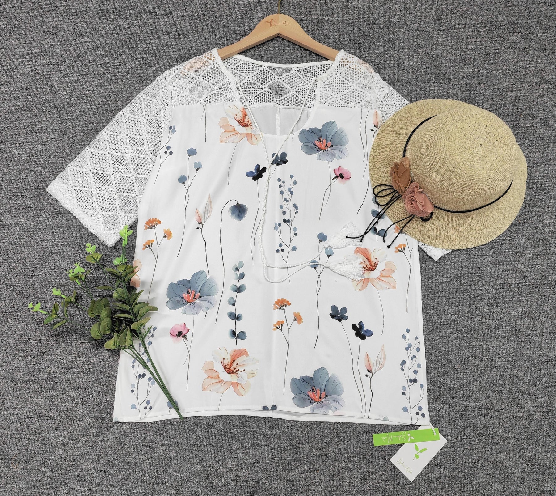 SpringStil® - Geo Lace Mesh Floral Print White ¾ Sleeve Top