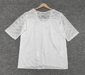 SpringStil® - Geo Lace Mesh Floral Print White ¾ Sleeve Top