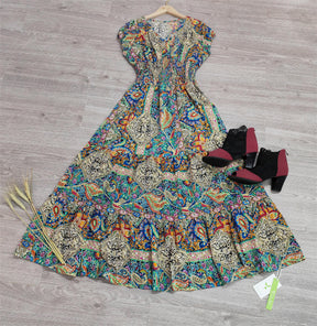 FallStil® - Colorful Paisley Gathered Waist Long Summer Dress