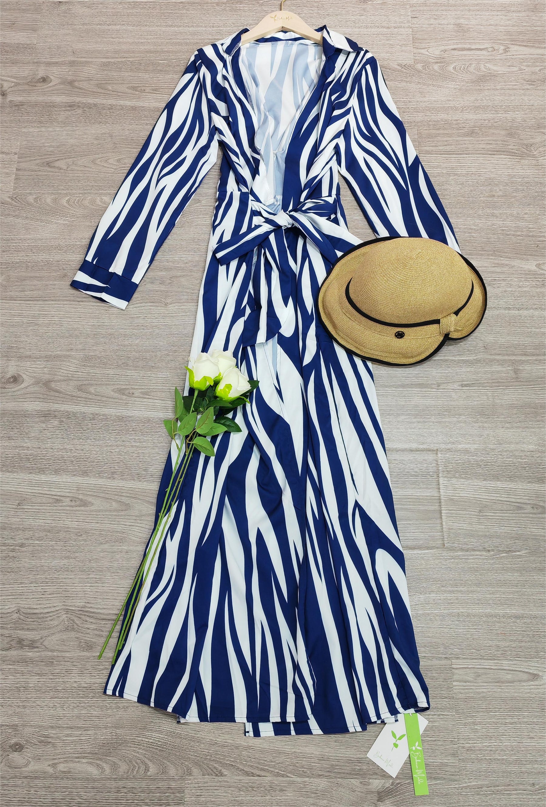 SpringStil® - Vertical striped midi dress with lacing in blue and white