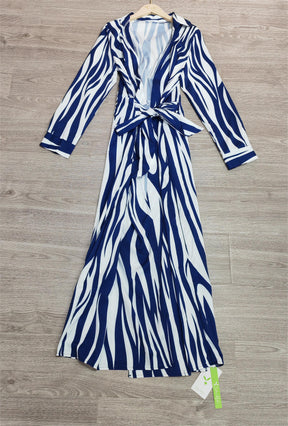 SpringStil® - Vertical striped midi dress with lacing in blue and white