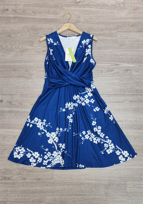 FallStil® - White Cherry Blossom Royal Blue Twist Front Midi Dress