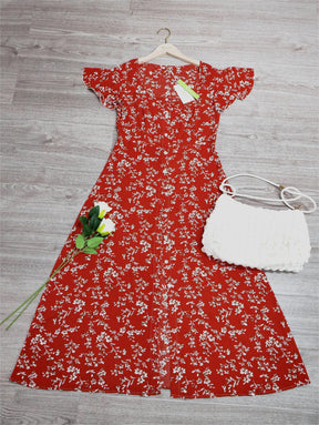 FallStil® - Elegant red print midi dress with square neckline