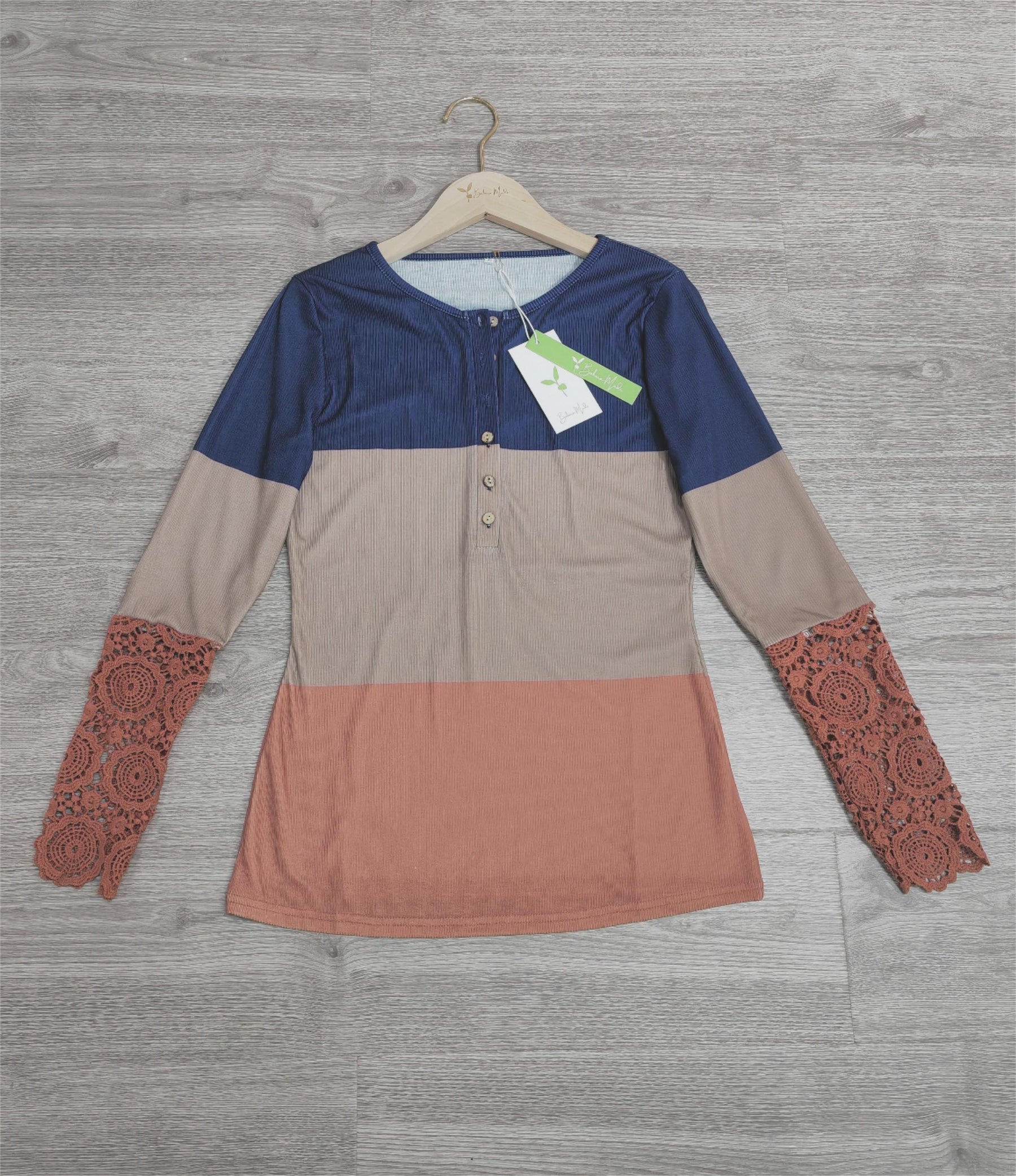 ChristStil® - Lace Hollow Out Splicing Color Block Button Blouse