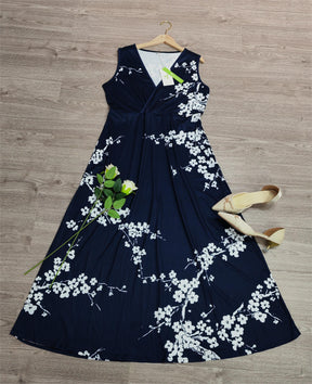 FallStil® - Navy blue floral print sleeveless maxi dress