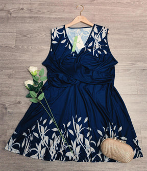 PureWear® - Navy floral midi dress with V-neck and wrap look