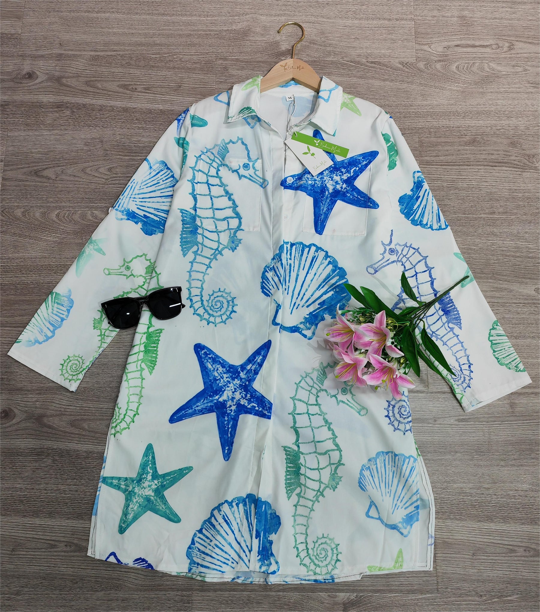 EcoExotica® - Starfish Shell Blue White Blouse Dress