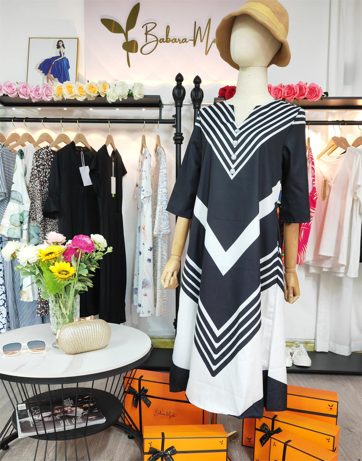 Naturlux® - Black and white striped midi dress with side pockets for sailors