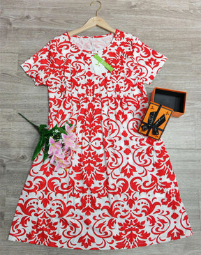 BlütenBliss® - Elegant short-sleeved midi dress with red print