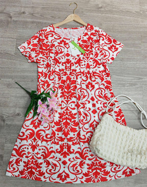 BlütenBliss® - Elegant short-sleeved midi dress with red print