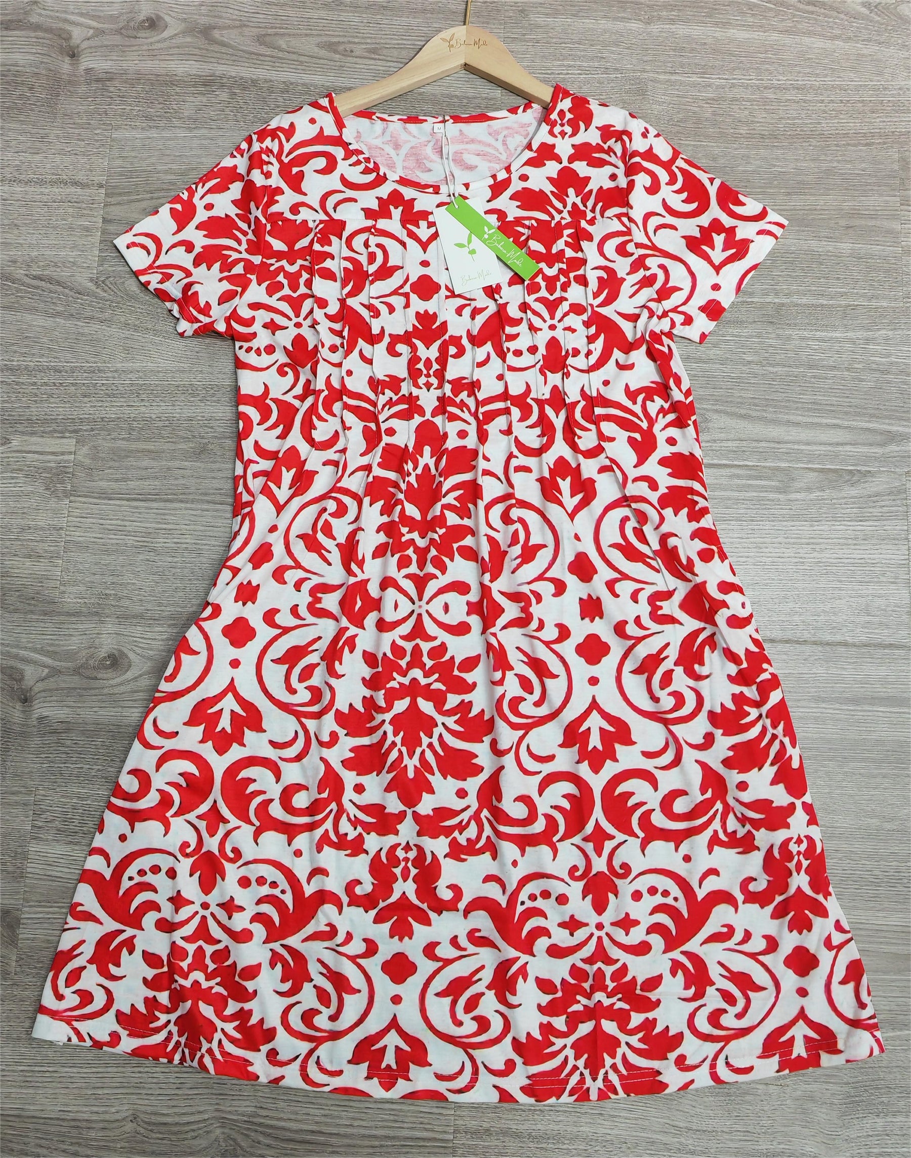 BlütenBliss® - Elegant short-sleeved midi dress with red print