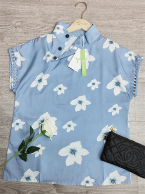 EcoExotica® - Short sleeve blue top with youthful floral print