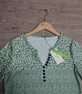 BlütenBliss® - Green White Floral Print Notch Neck Button Down Shirt