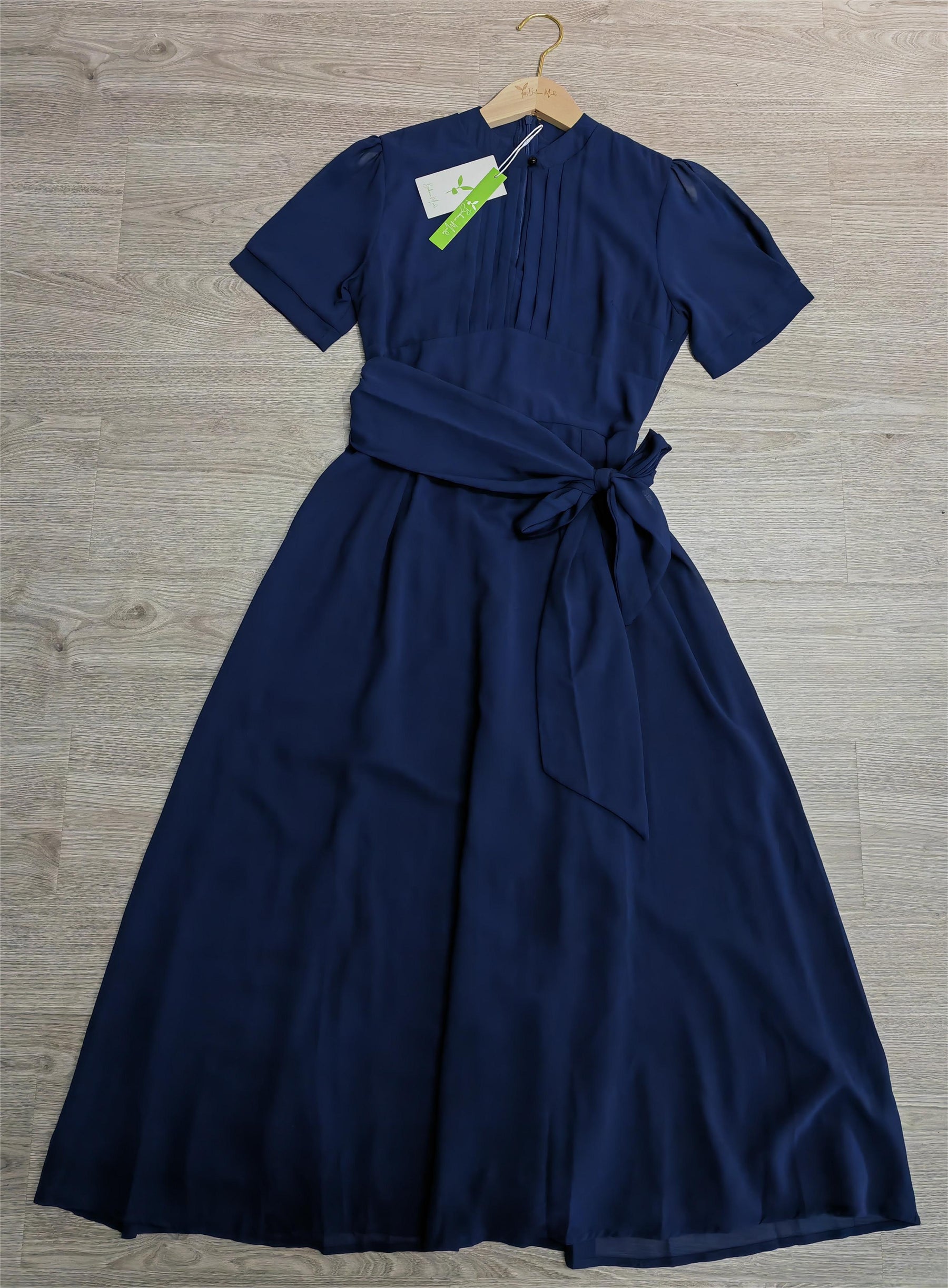 SpringStil® - Navy blue solid midi dress with short sleeves