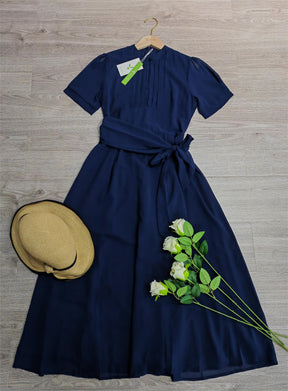 SpringStil® - Navy blue solid midi dress with short sleeves