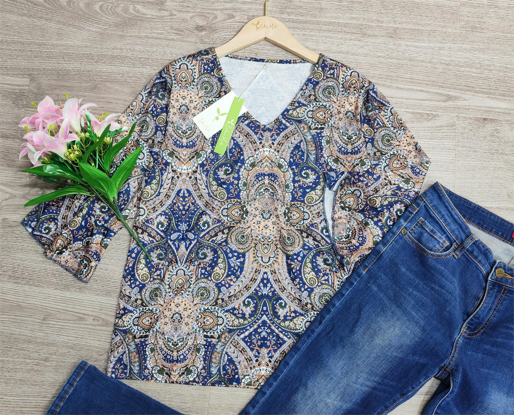 SpringStil® - Blue printed top with 3/4 sleeves