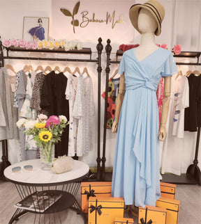 PureWear® - Powder blue maxi dress with V-neck and gathered sleeves