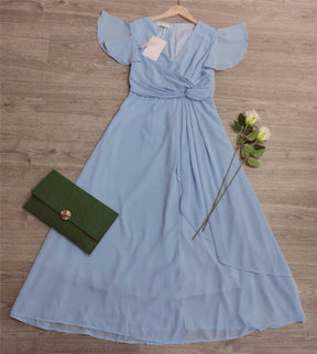 PureWear® - Powder blue maxi dress with V-neck and gathered sleeves