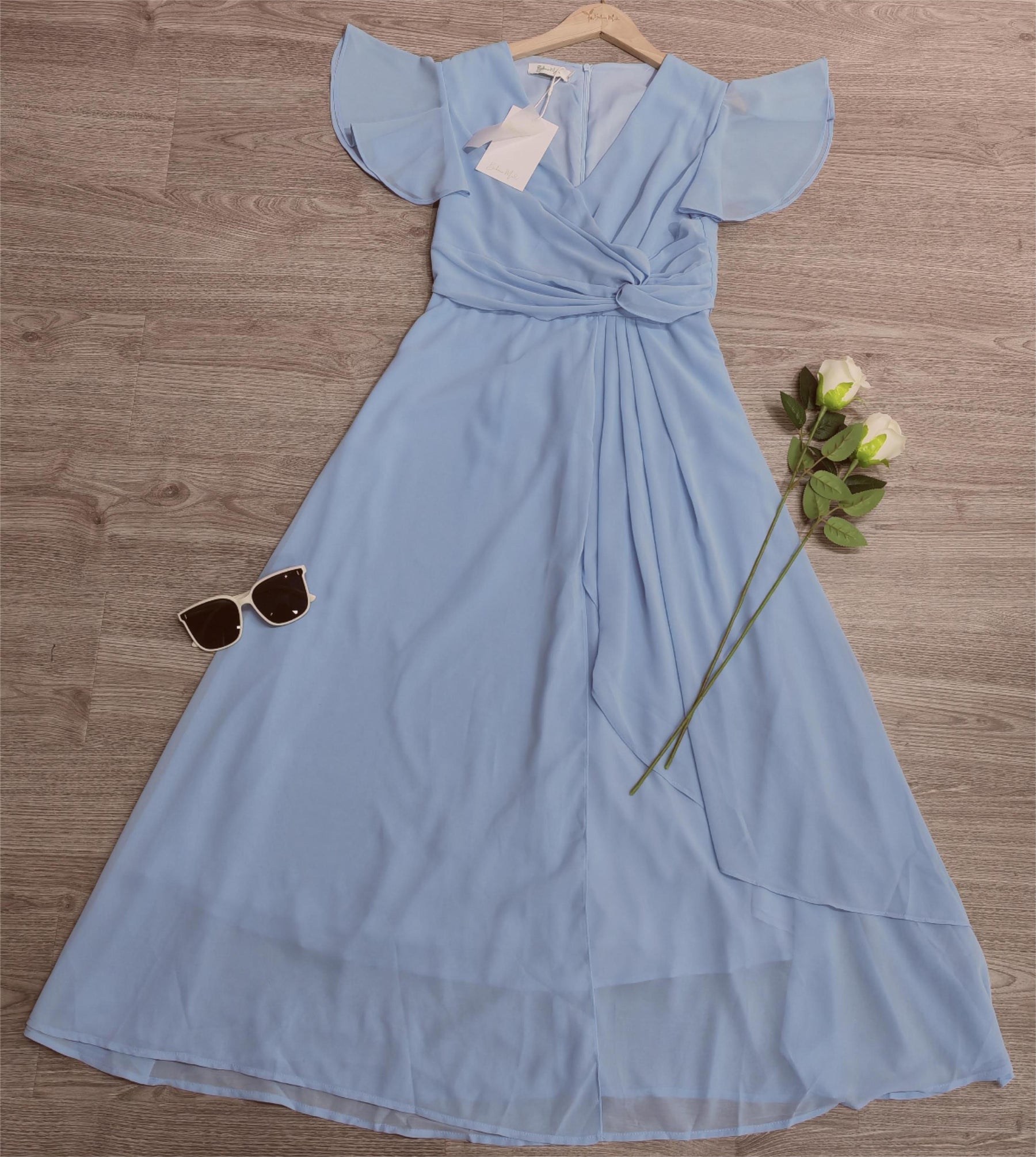 PureWear® - Powder blue maxi dress with V-neck and gathered sleeves