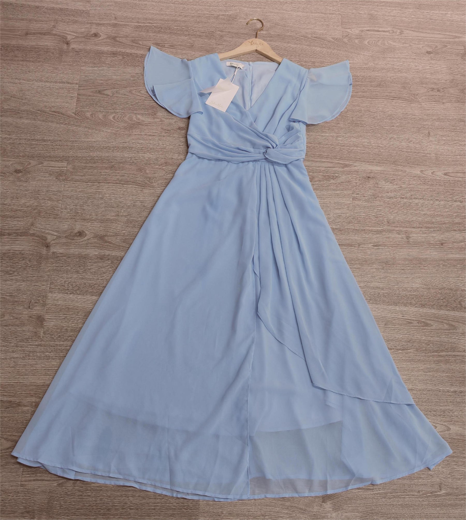 PureWear® - Powder blue maxi dress with V-neck and gathered sleeves