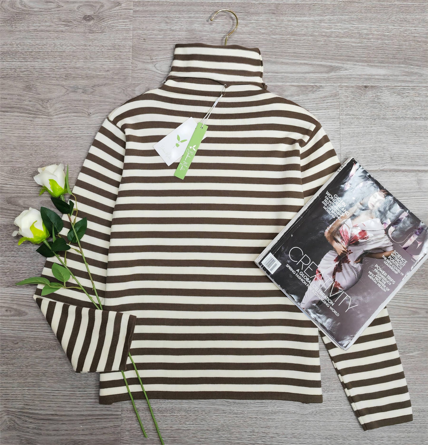 PureWear® - Neutral and Coffee Horizontal Striped Turtleneck Sweater