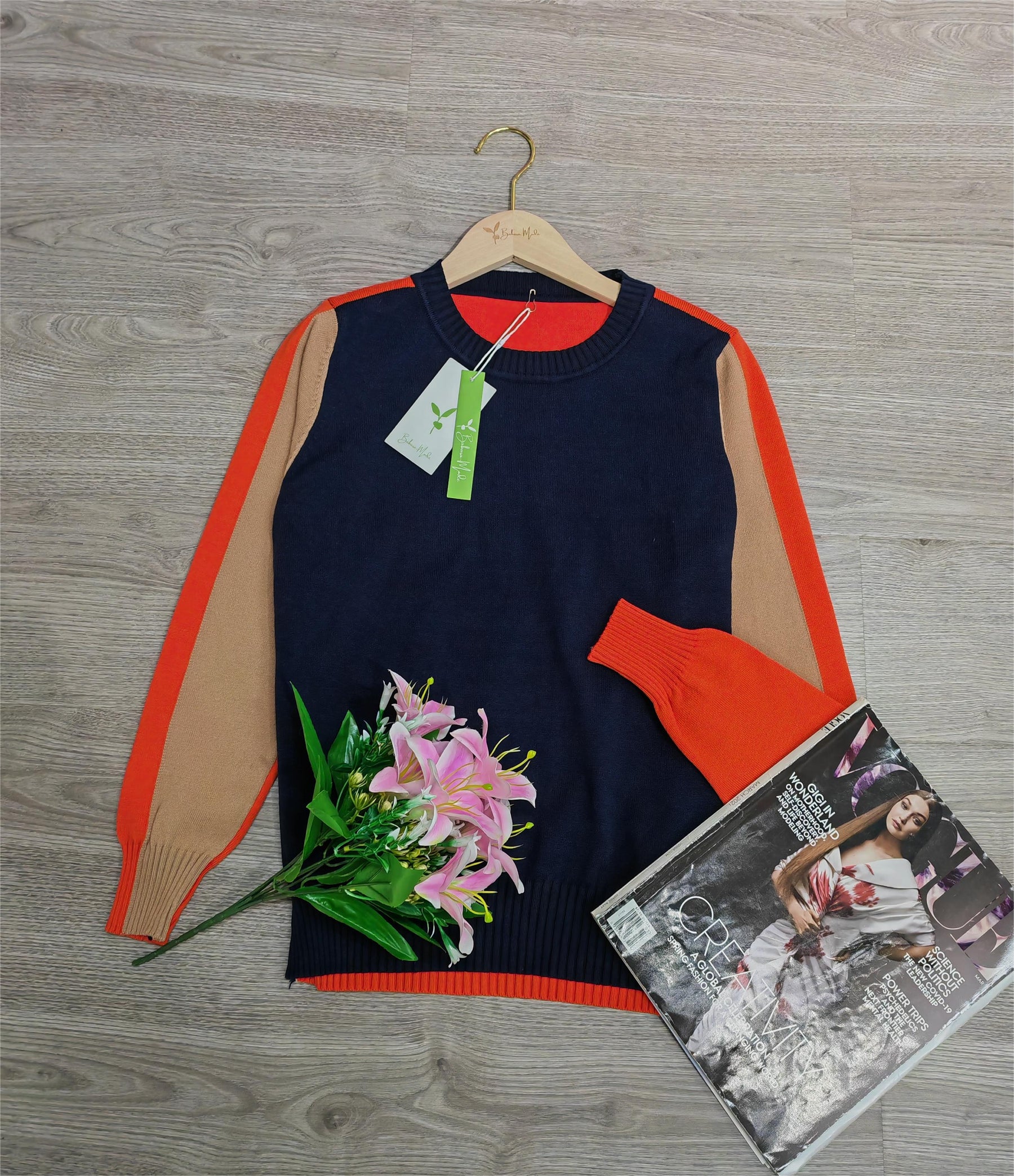 FallStil® - Navy and orange sweater with retro stripes