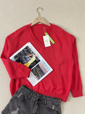 WinterStil® - Solid red sweater with V-neck for a good mood