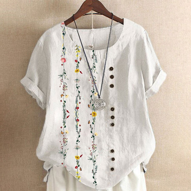 FallStil® - White Floral Vine Short Sleeve Round Neck Top