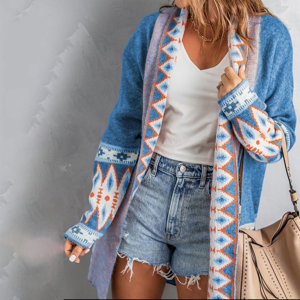 HerbstTrend® - Blue long-sleeved cardigan with print